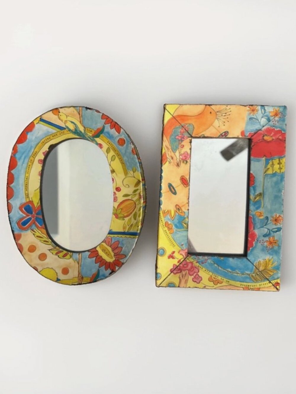 Vintage Boho Art Mirrors Whimsical Floral & Bird Pattern Oval & Rectangle Set